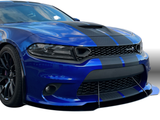 Blue sports car with black stripes on a white background