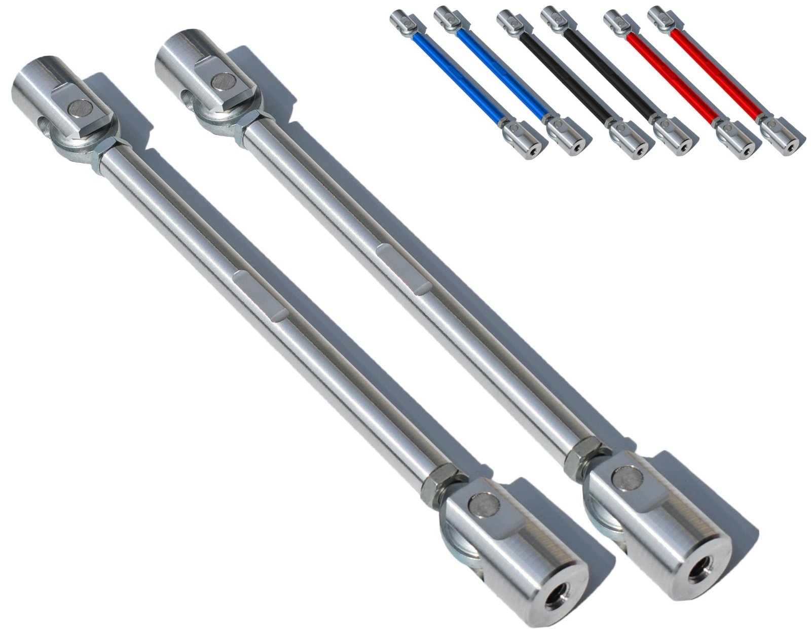 Two metallic extension bars with flexible shafts on a white background