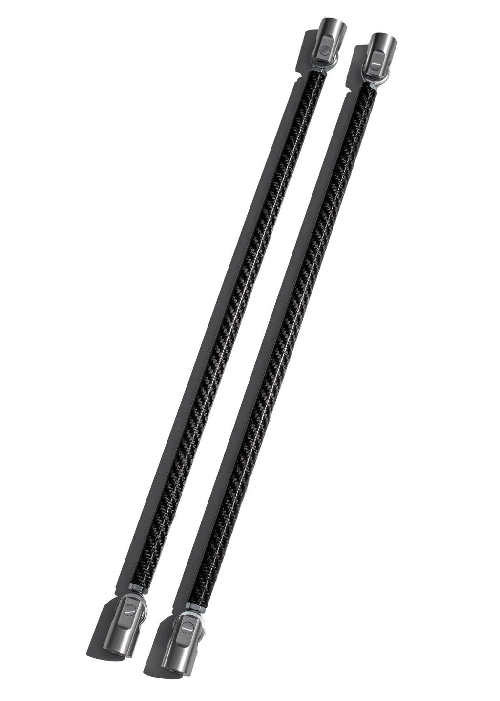 Two carbon fiber rods with metal connectors on a white background