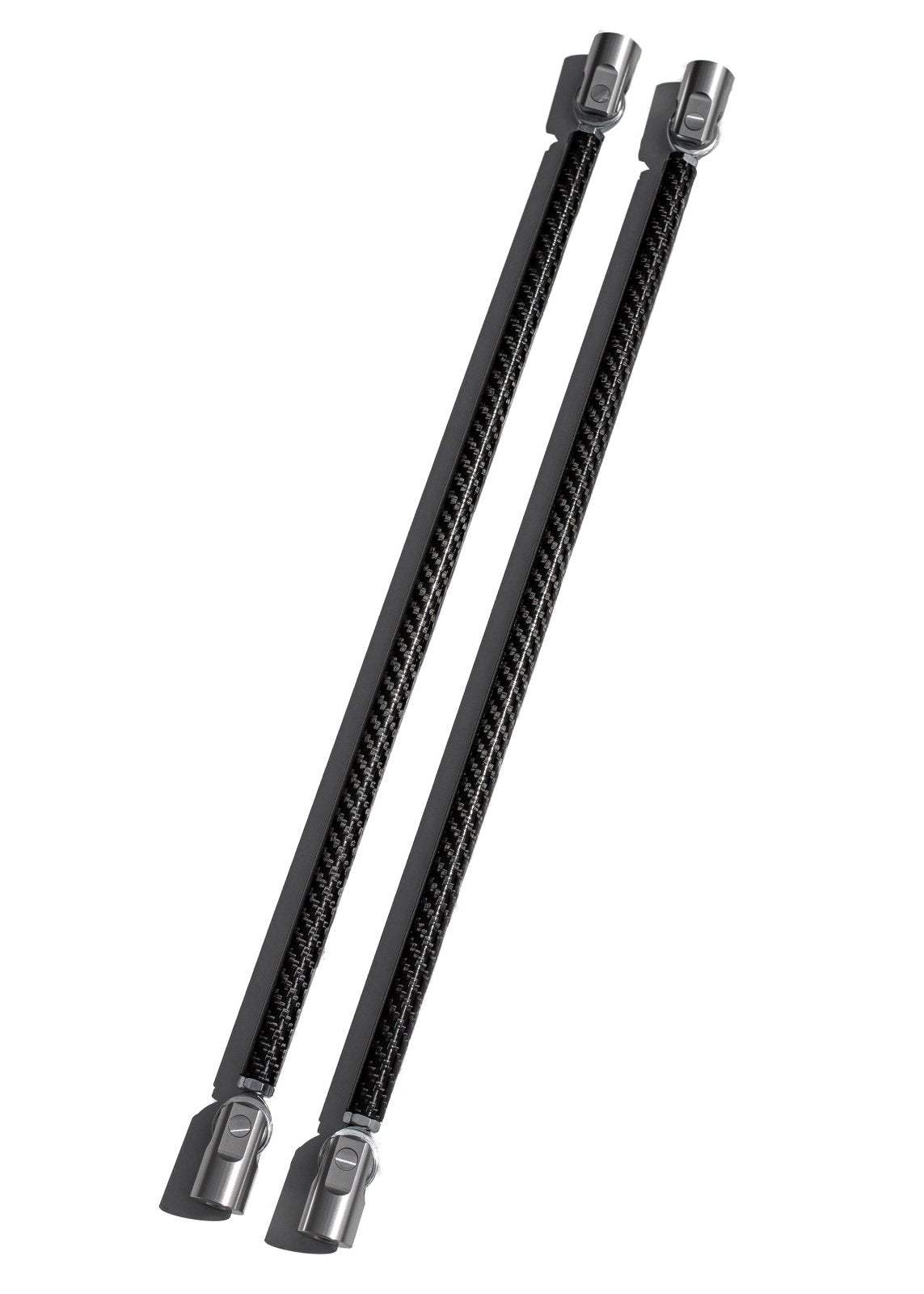 Two carbon fiber rods with metal connectors on a white background
