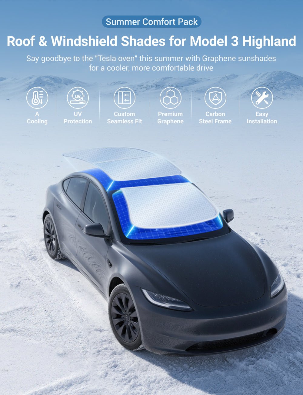 Summer Comfort Pack: Roof & Windshield Shades for Model 3 Highland