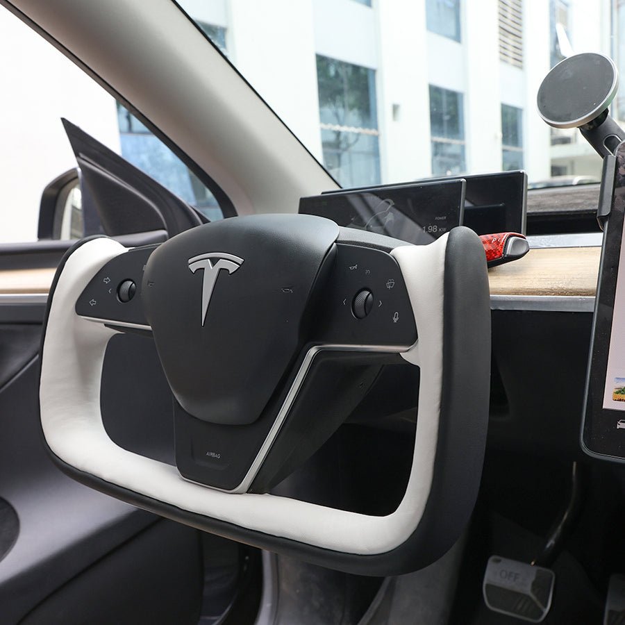 Yoke Style Steering Wheel for Model 3 / Y【Black & White Leather】